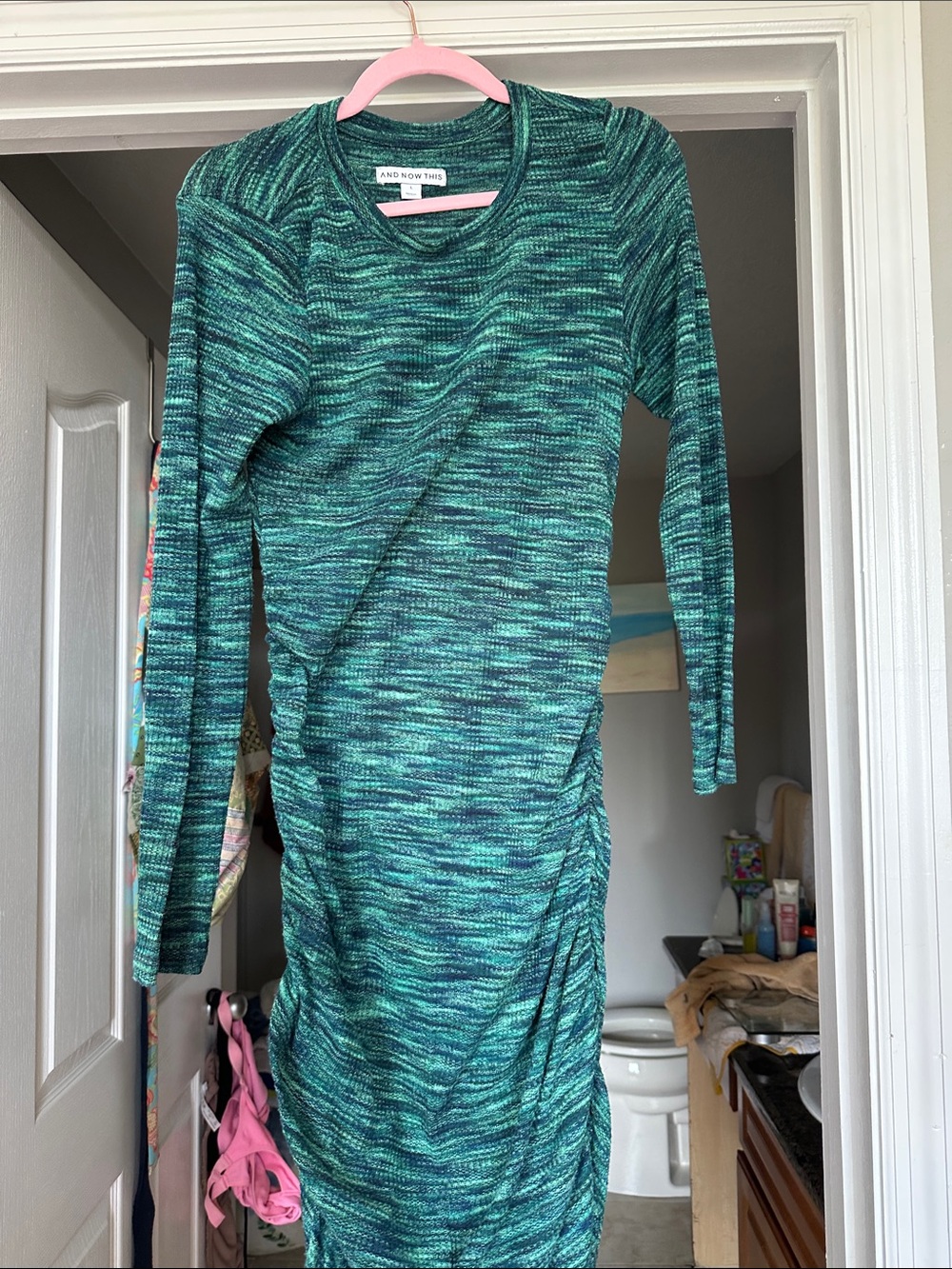 AND NOW THIS Teal Long-Sleeve Ruched Midi Dress